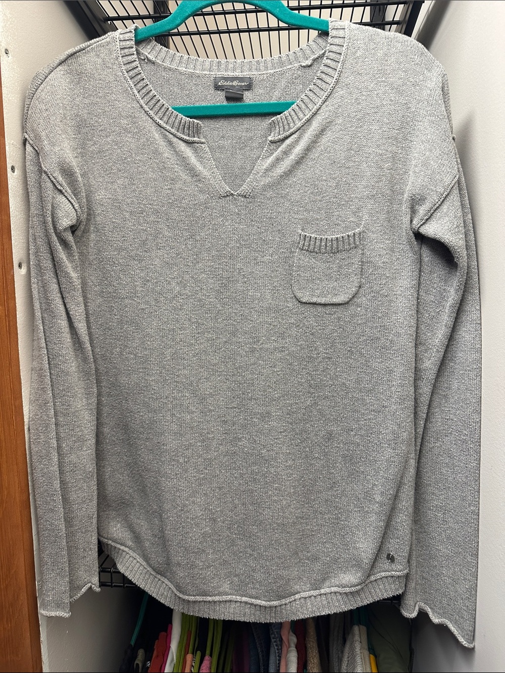 Eddie Bauer Light Gray V-Neck Sweater with Chest Pocket
